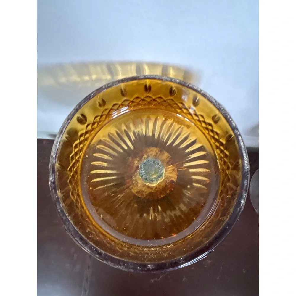 Vintage Amber Glass Hollywood Regency Candy Dish Ornate Metal Marble Base